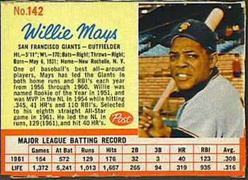 1962 Post Cereal #142 Willie Mays Front