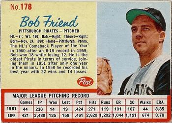 1962 Post Cereal #178 Bob Friend Front