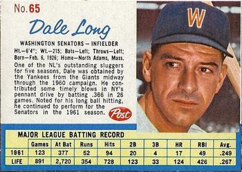 1962 Post Cereal #65 Dale Long Front