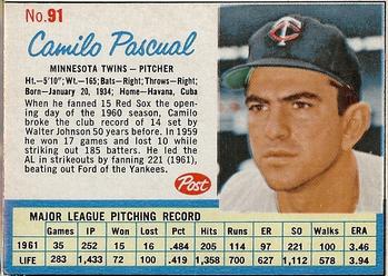 1962 Post Cereal #91 Camilo Pascual Front