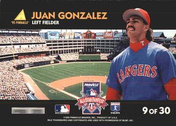 1995 Pinnacle FanFest #9 Juan Gonzalez Back