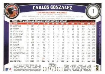 2011 Topps Opening Day - Blue #1 Carlos Gonzalez Back