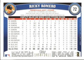 2011 Topps Opening Day - Blue #72 Ricky Romero Back