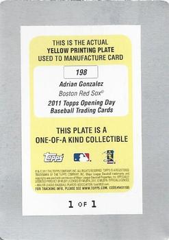 2011 Topps Opening Day - Printing Plates Yellow #198 Adrian Gonzalez Back