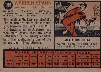 1962 Topps #100 Warren Spahn Back