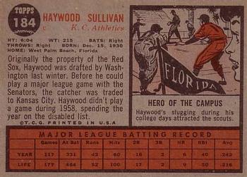 1962 Topps #184 Haywood Sullivan Back