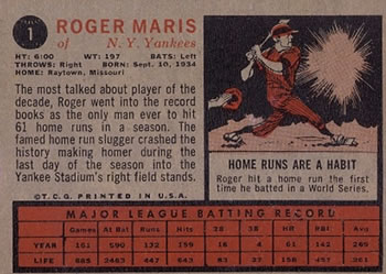 1962 Topps #1 Roger Maris Back
