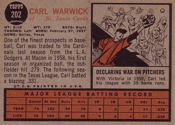 1962 Topps #202 Carl Warwick Back