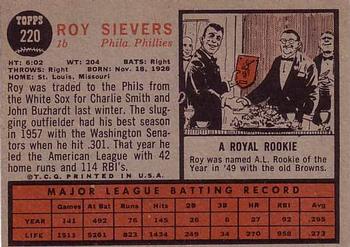 1962 Topps #220 Roy Sievers Back