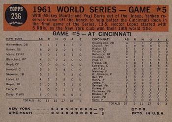 1962 Topps #236 World Series Game #5 - Yanks Crush Reds in Finale Back