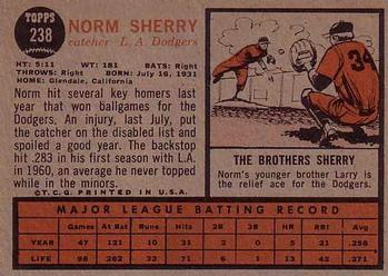 1962 Topps #238 Norm Sherry Back