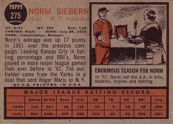 1962 Topps #275 Norm Siebern Back