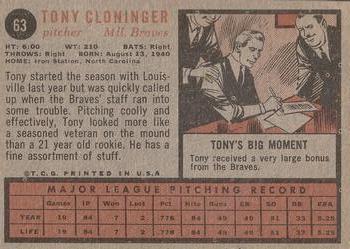 1962 Topps #63 Tony Cloninger Back