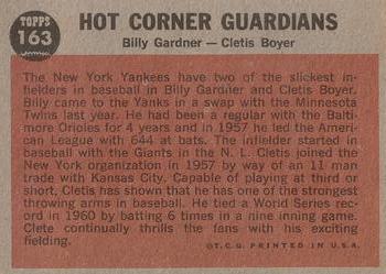 1962 Topps #163 Hot Corner Guardians (Clete Boyer / Billy Gardner) Back