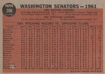 1962 Topps #206 Washington Senators Back