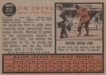 1962 Topps #212 Jim Owens Back