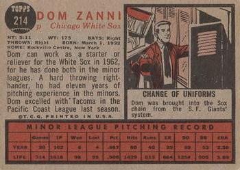 1962 Topps #214 Dom Zanni Back
