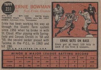 1962 Topps #231 Ernie Bowman Back