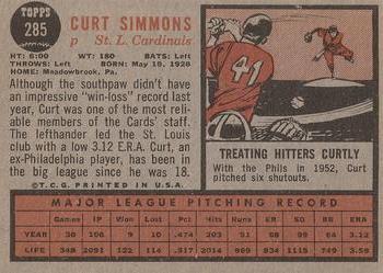 1962 Topps #285 Curt Simmons Back