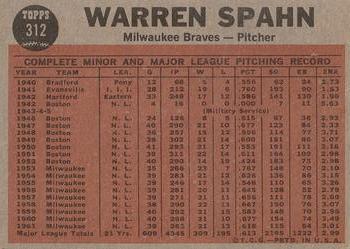 1962 Topps #312 Spahn Shows No-Hit Form Back