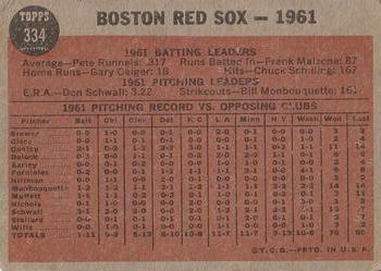 1962 Topps #334 Boston Red Sox Back