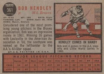 1962 Topps #361 Bob Hendley Back
