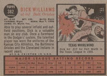 1962 Topps #382 Dick Williams Back
