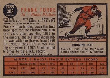 1962 Topps #303 Frank Torre Back