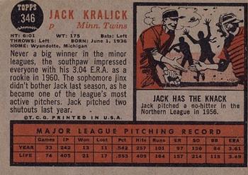 1962 Topps #346 Jack Kralick Back