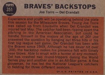 1962 Topps #351 Braves' Backstops (Joe Torre / Del Crandall) Back