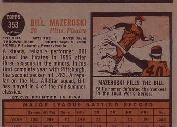 1962 Topps #353 Bill Mazeroski Back