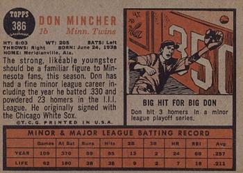 1962 Topps #386 Don Mincher Back