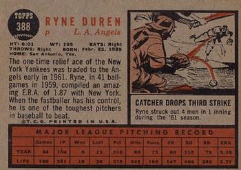 1962 Topps #388 Ryne Duren Back