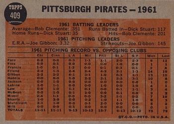1962 Topps #409 Pittsburgh Pirates Back