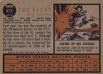1962 Topps #417 Joe Azcue Back