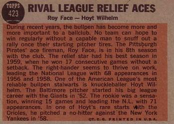 1962 Topps #423 Rival League Relief Aces (Roy Face / Hoyt Wilhelm) Back