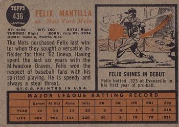 1962 Topps #436 Felix Mantilla Back