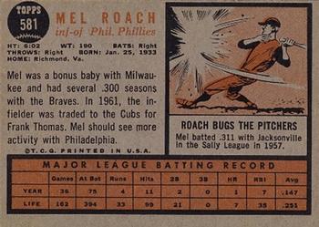 1962 Topps #581 Mel Roach Back
