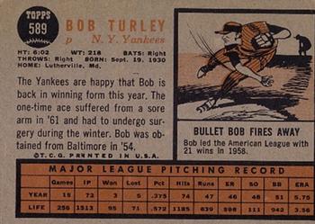 1962 Topps #589 Bob Turley Back