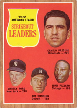 1962 Topps #59 1961 American League Strikeout Leaders (Camilo Pascual / Whitey Ford / Jim Bunning / Juan Pizarro) Front