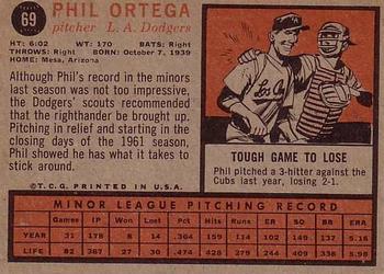 1962 Topps #69 Phil Ortega Back