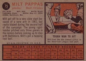 1962 Topps #75 Milt Pappas Back
