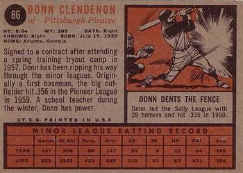 1962 Topps #86 Donn Clendenon Back