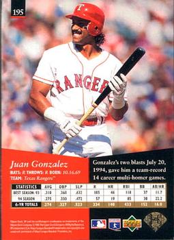 1995 SP #195 Juan Gonzalez Back