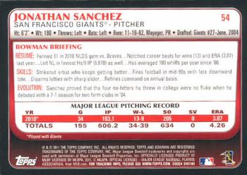 2011 Bowman #54 Jonathan Sanchez Back
