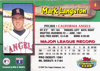 1993 Stadium Club California Angels #4 Mark Langston  Back