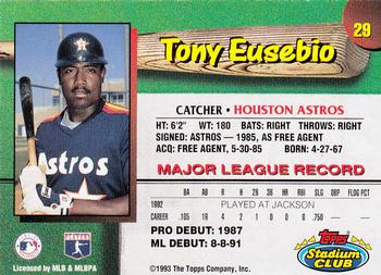 1993 Stadium Club Houston Astros #29 Tony Eusebio  Back