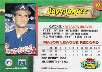 1993 Stadium Club Atlanta Braves #27 Javy Lopez Back