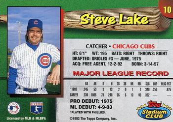 1993 Stadium Club Chicago Cubs #10 Steve Lake  Back