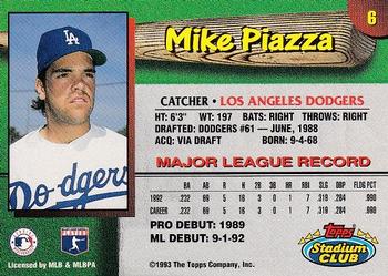 1993 Stadium Club Los Angeles Dodgers #6 Mike Piazza Back